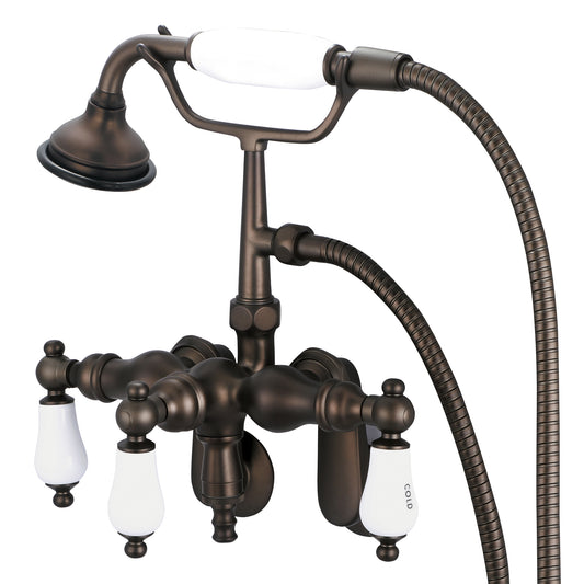 Vintage Classic Adjustable Center Wall Mount Tub Faucet With Down Spout, Swivel Wall Connector & Handheld Shower in Oil Rubbed Bronze Finish, With Porcelain Lever Handles, Hot And Cold Labels Included