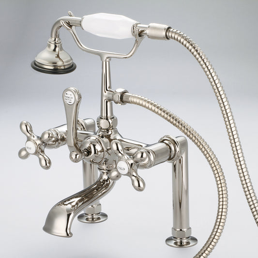 Vintage Classic 7" Spread Deck Mount Tub Faucet With 6" Risers & Handheld Shower in Polished Nickel Finish, With Metal Lever Handles, Hot And Cold Labels Included