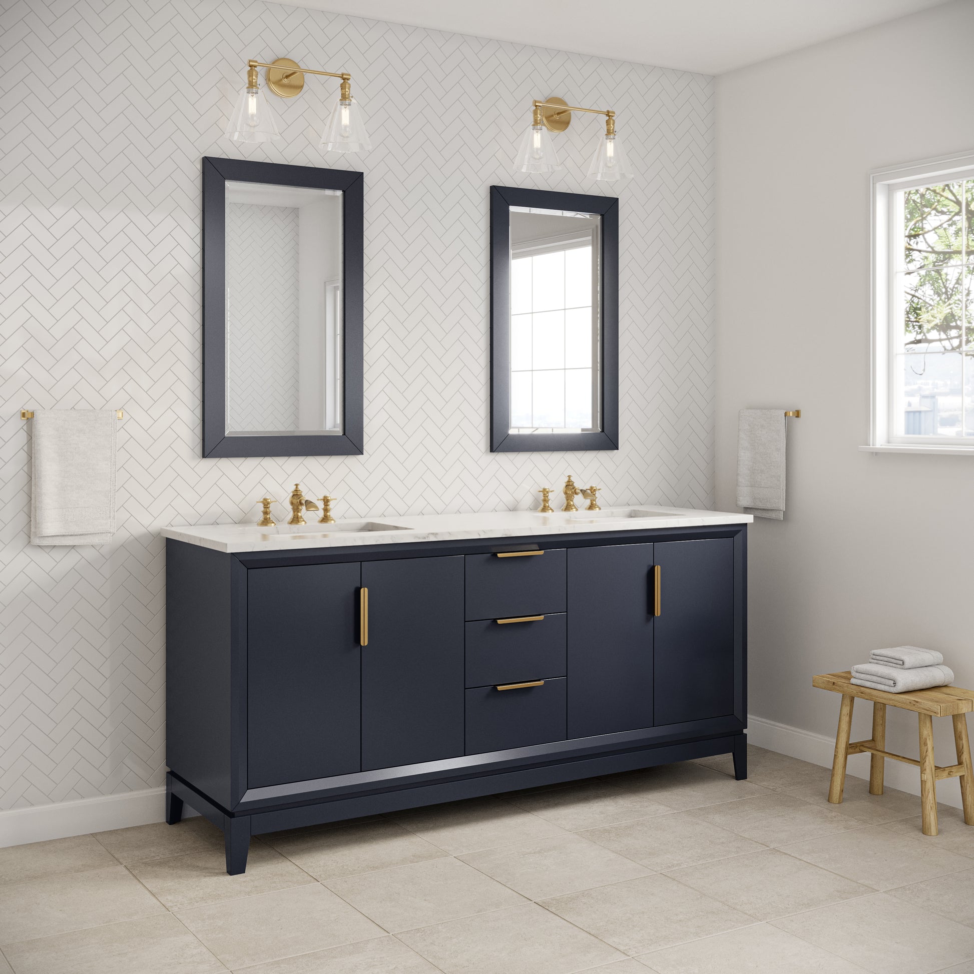 ELIZABETH 72"W x 34.25"H Monarch Blue Double-Sink Vanity with Carrara White Marble Countertop + Faucets & Mirror (F2-0013-06-FX)