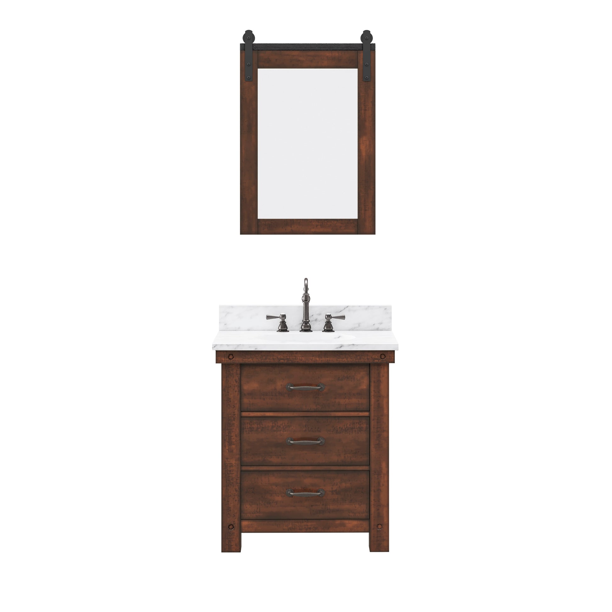 ABERDEEN 30"W x 34"H Sierra Rustic Single-Sink Vanity with Carrara White Marble Countertop + Mirror