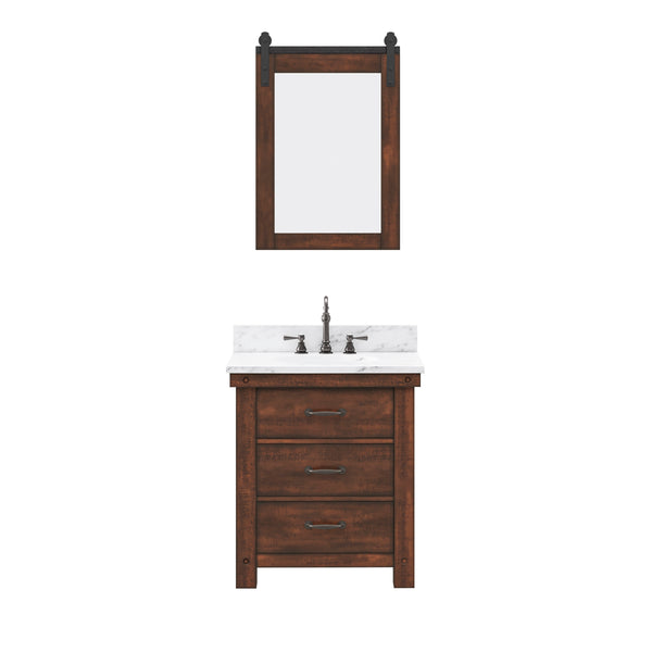 ABERDEEN 30W x 34H Sierra Rustic Single-Sink Vanity with Carrara White Marble Countertop + Mirror