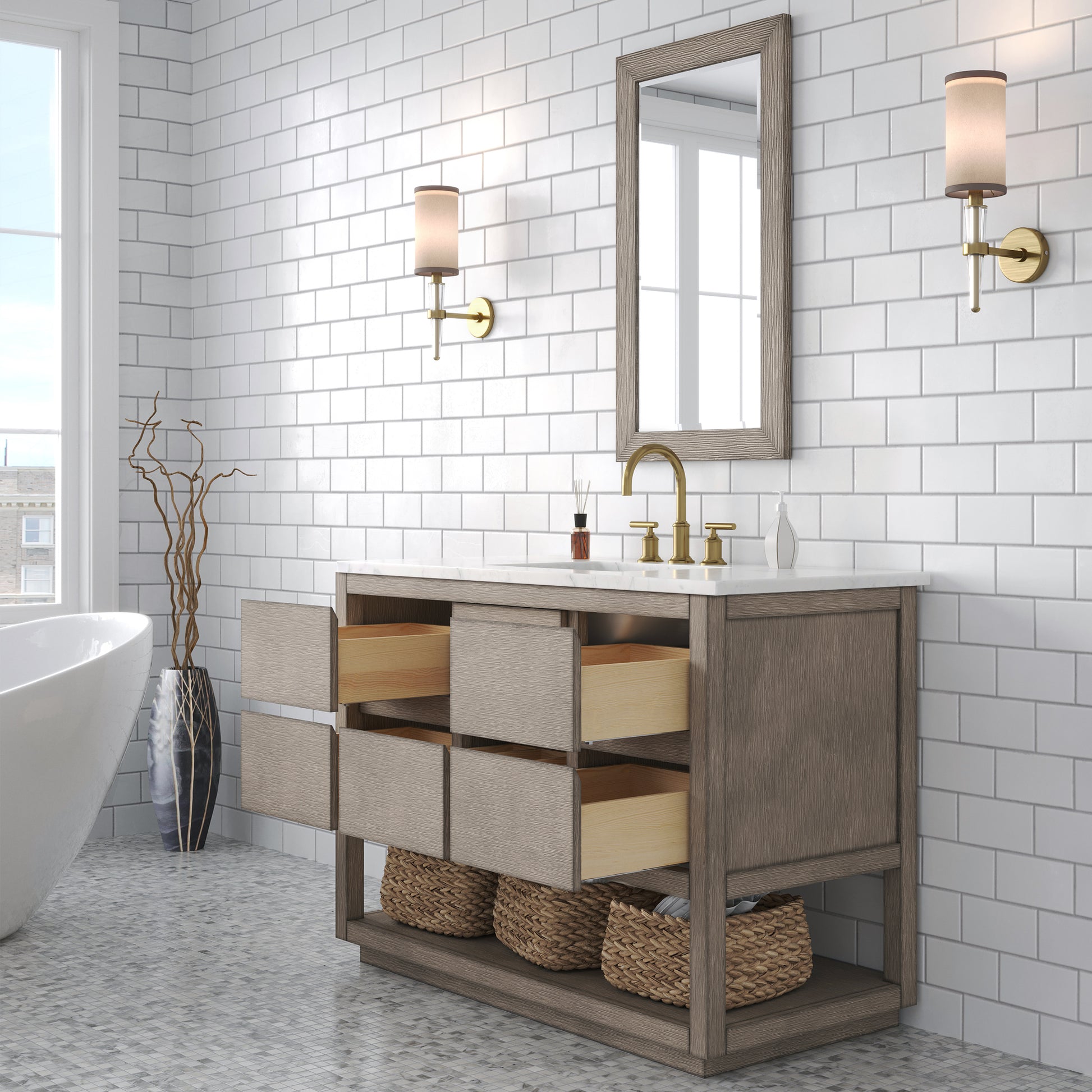 OAKMAN 72"W x 34.3"H Gray Oak Single-Sink Vanity with Carrara White Marble Countertop + Gold Faucets