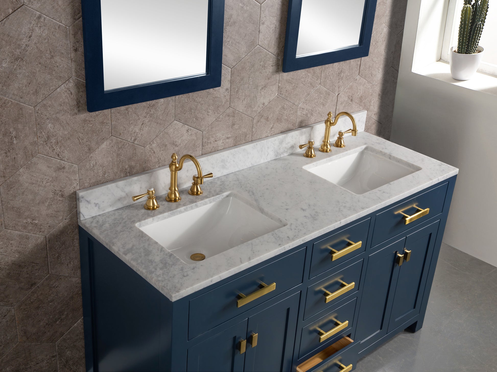 MADISON 60"W x 34"H Monarch Blue Double-Sink Vanity with Carrara White Marble Countertop + Faucets (F2-0012-06-TL)