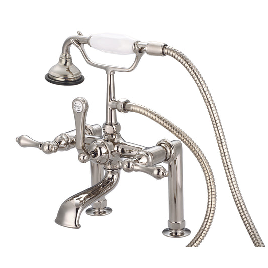 Vintage Classic 7" Spread Deck Mount Tub Faucet With 6" Risers & Handheld Shower in Polished Nickel Finish, With Metal Lever Handles Without Labels