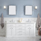 PALACE 72"W x 34"H Pure White Vanity with Carrara Quartz Countertop + Faucets & Mirror (F2-0012), Chrome Finish Hardware & Mirror