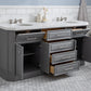 PALACE 72"W x 34"H Cashmere Gray Vanity with Carrara Quartz Countertop + Faucets (F2-0009), Polished Nickel Finish Hardware