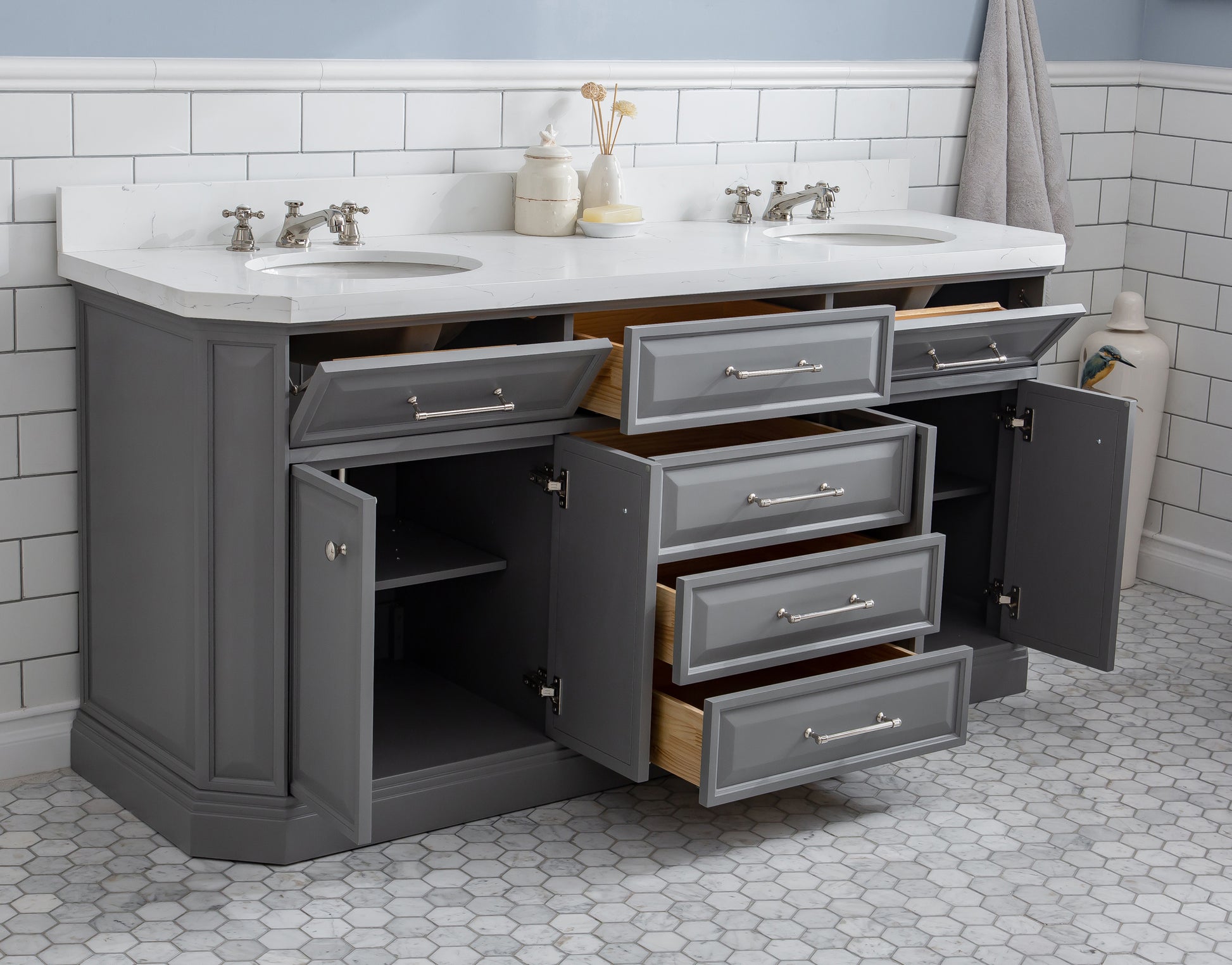 PALACE 72"W x 34"H Cashmere Gray Vanity with Carrara Quartz Countertop + Faucets (F2-0009), Polished Nickel Finish Hardware