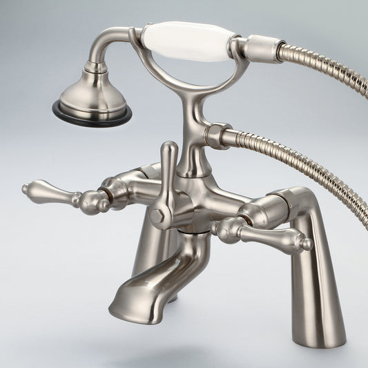 Vintage Classic 7" Spread Deck Mount Tub Faucet With Handheld Shower in Brushed Nickel Finish, With Metal Lever Handles Without Labels