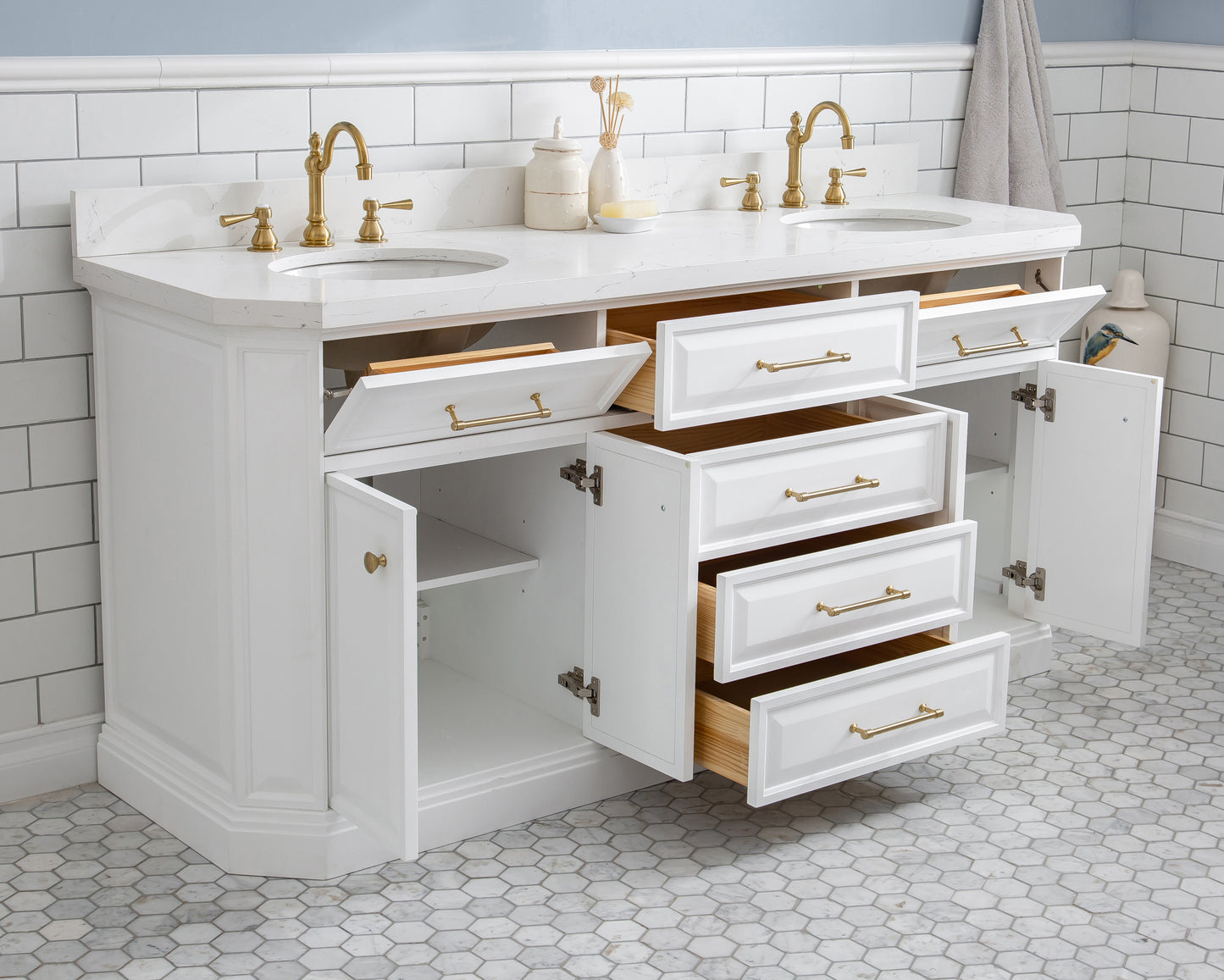 PALACE 72"W x 34"H Pure White Vanity with Carrara Quartz Countertop + Faucets & Mirrors (F2-0012), Satin Gold Finish Hardware & Chrome Finish Mirror (A)