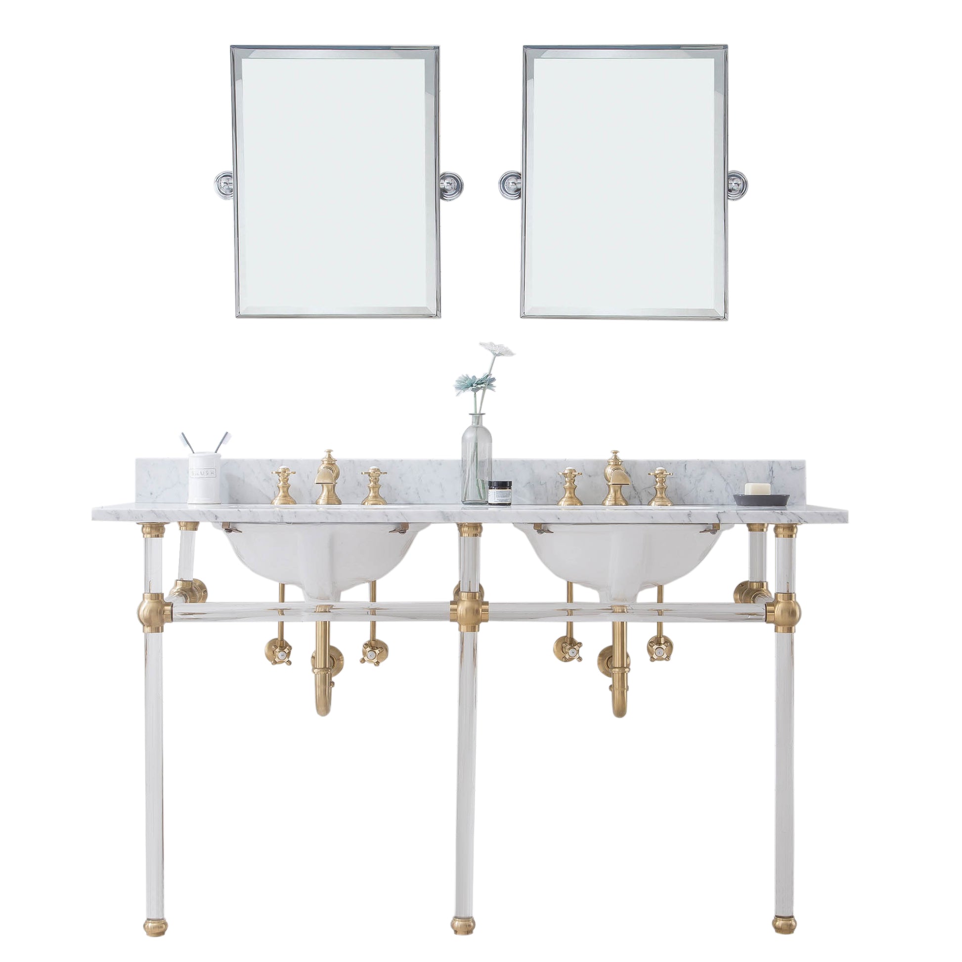 EMPIRE 60"W x 34"H  Double Washstand , P-Trap, Countertop with Sink, F2-0013 Faucet and Mirror included, in Satin Gold Finish