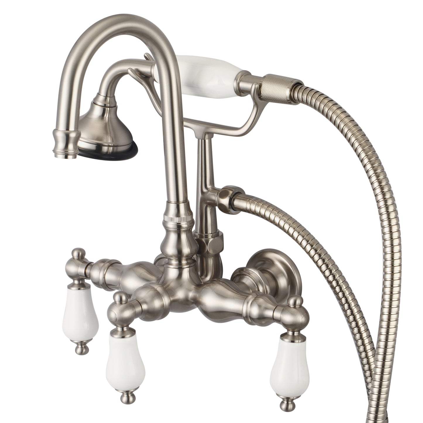 Vintage Classic 3.375" Center Wall Mount Tub Faucet With Gooseneck Spout, Straight Wall Connector & Handheld Shower in Brushed Nickel Finish, With Porcelain Lever Handles Without labels