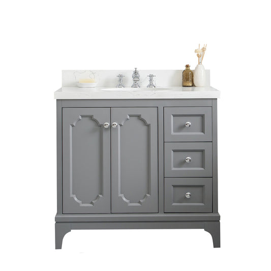 QUEEN 36"W x 34"H Cashmere Gray Single-Sink Vanity with Carrara Quartz Countertop + Faucets (F2-0013)