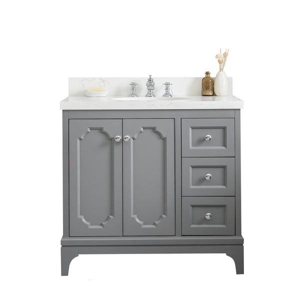 QUEEN 36W x 34H Cashmere Gray Single-Sink Vanity with Carrara Quartz Countertop + Faucets (F2-0013)