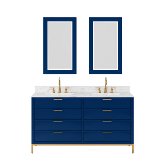 BRISTOL 60"W x 34"H Monarch Blue Double-Sink Vanity with Carrara White Marble Countertop + Satin Gold Gooseneck Faucets and Rectangular Mirrors (S)