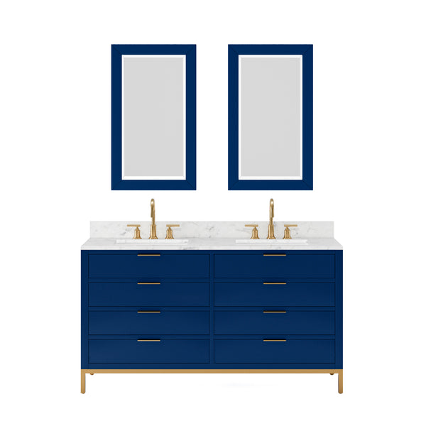 BRISTOL 60W x 34H Monarch Blue Double-Sink Vanity with Carrara White Marble Countertop + Satin Gold Gooseneck Faucets and Rectangular Mirrors (S)