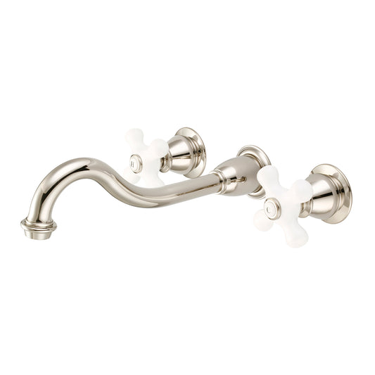 Elegant Spout Wall Mount Vessel/Bathroom Faucets in Polished Nickel Finish, With Porcelain Cross Handles, Hot And Cold Labels Included