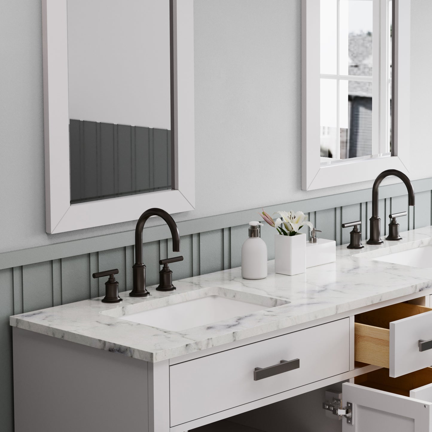 HARTFORD 72"W x 34"H Pure White Double-Sink Vanity with Carrara White Marble Countertop + Gooseneck Faucet