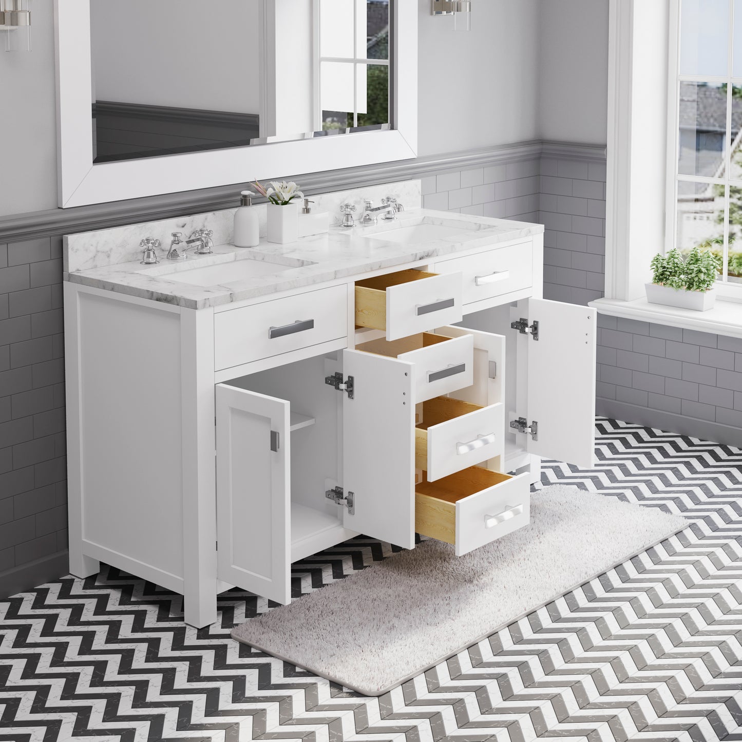 MADISON 60"W x 34"H Pure White Double-Sink Vanity + Mirror