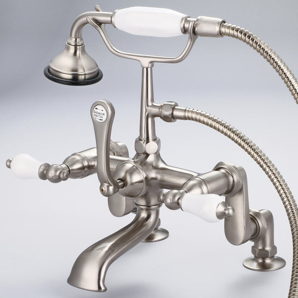 Vintage Classic Adjustable Center Deck Mount Tub Faucet With Handheld Shower in Brushed Nickel Finish, With Porcelain Lever Handles Without labels