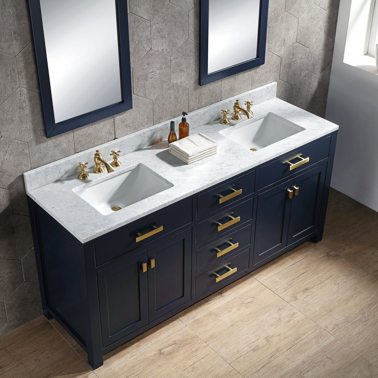 MADISON 72"W x 34"H Monarch Blue Double-Sink Vanity with Carrara White Marble Countertop + Faucets (F2-0013-06-FX)