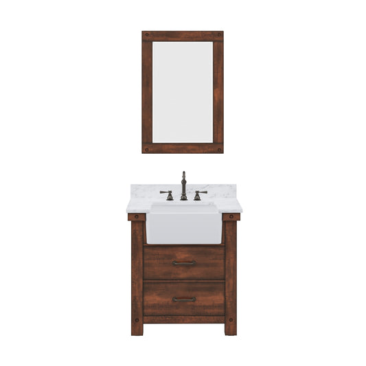 PAISLEY 31"W x 33"H Sierra Rustic Single-Sink Vanity with Carrara White Marble Countertop + Hook Faucet and Mirror