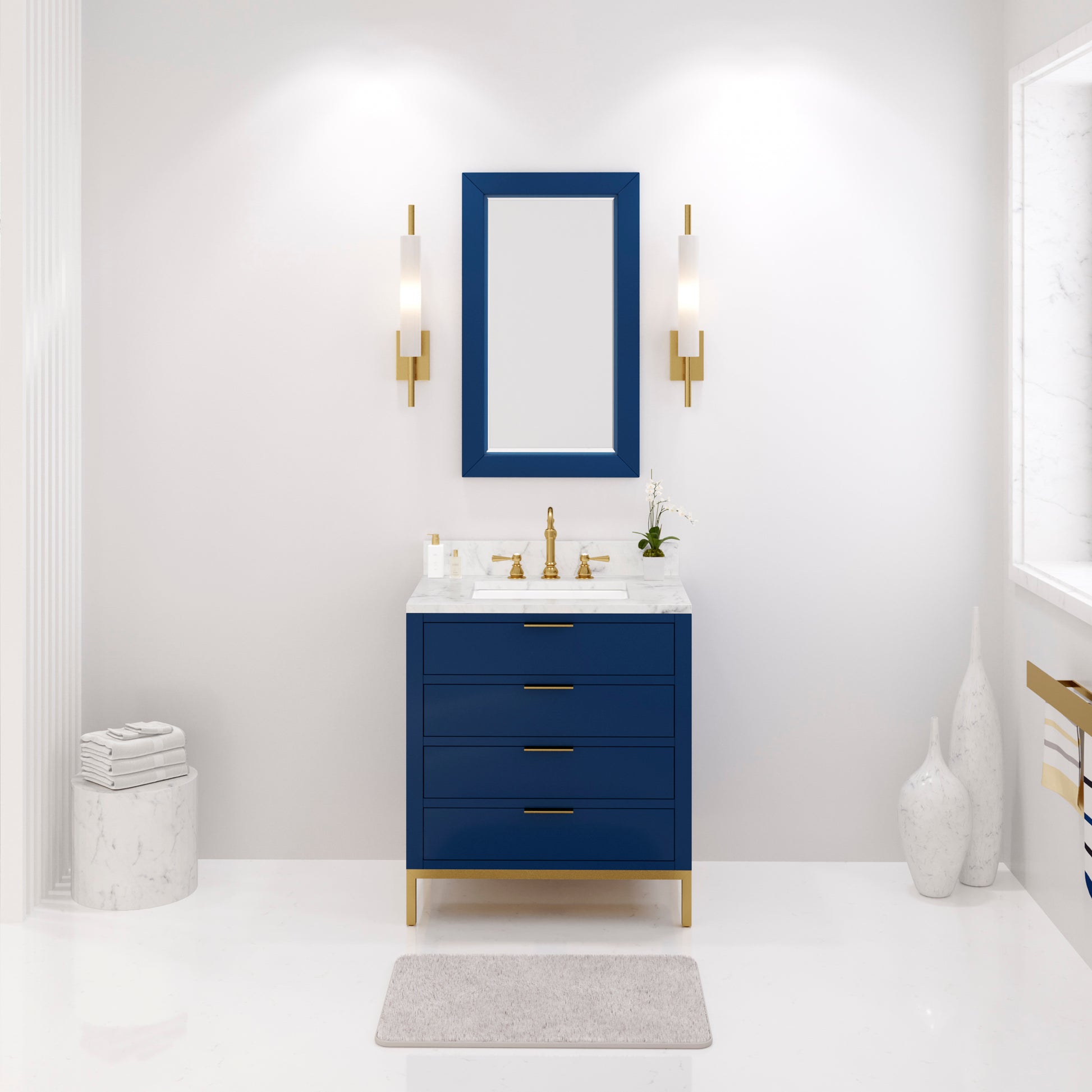 BRISTOL 30"W x 34"H Monarch Blue Single-Sink Vanity with Carrara White Marble Countertop + Satin Gold Hook Faucet and Rectangular Mirror (S)