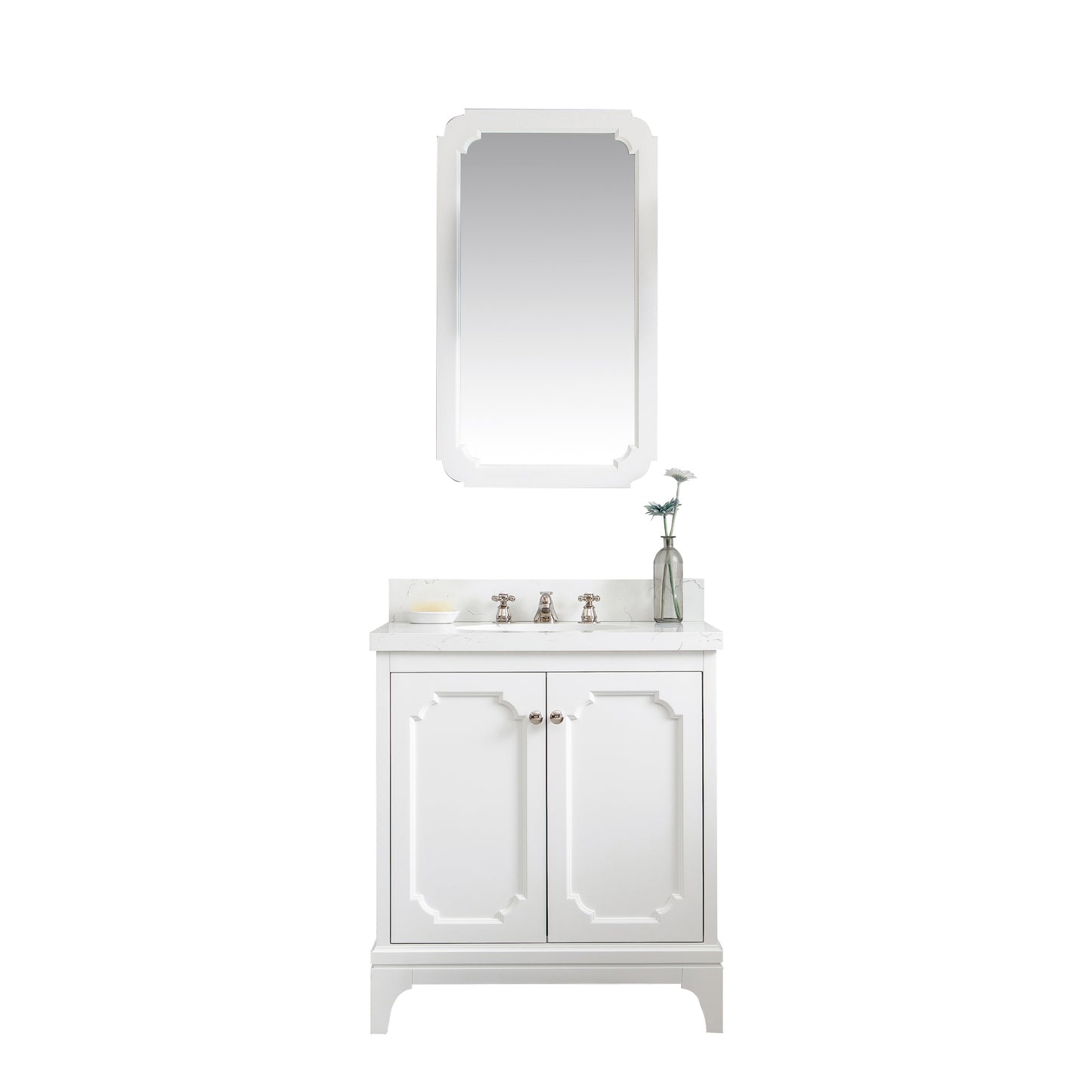 QUEEN 30"W x 34"H Pure White Single-Sink Vanity with Carrara Quartz Countertop + Mirror