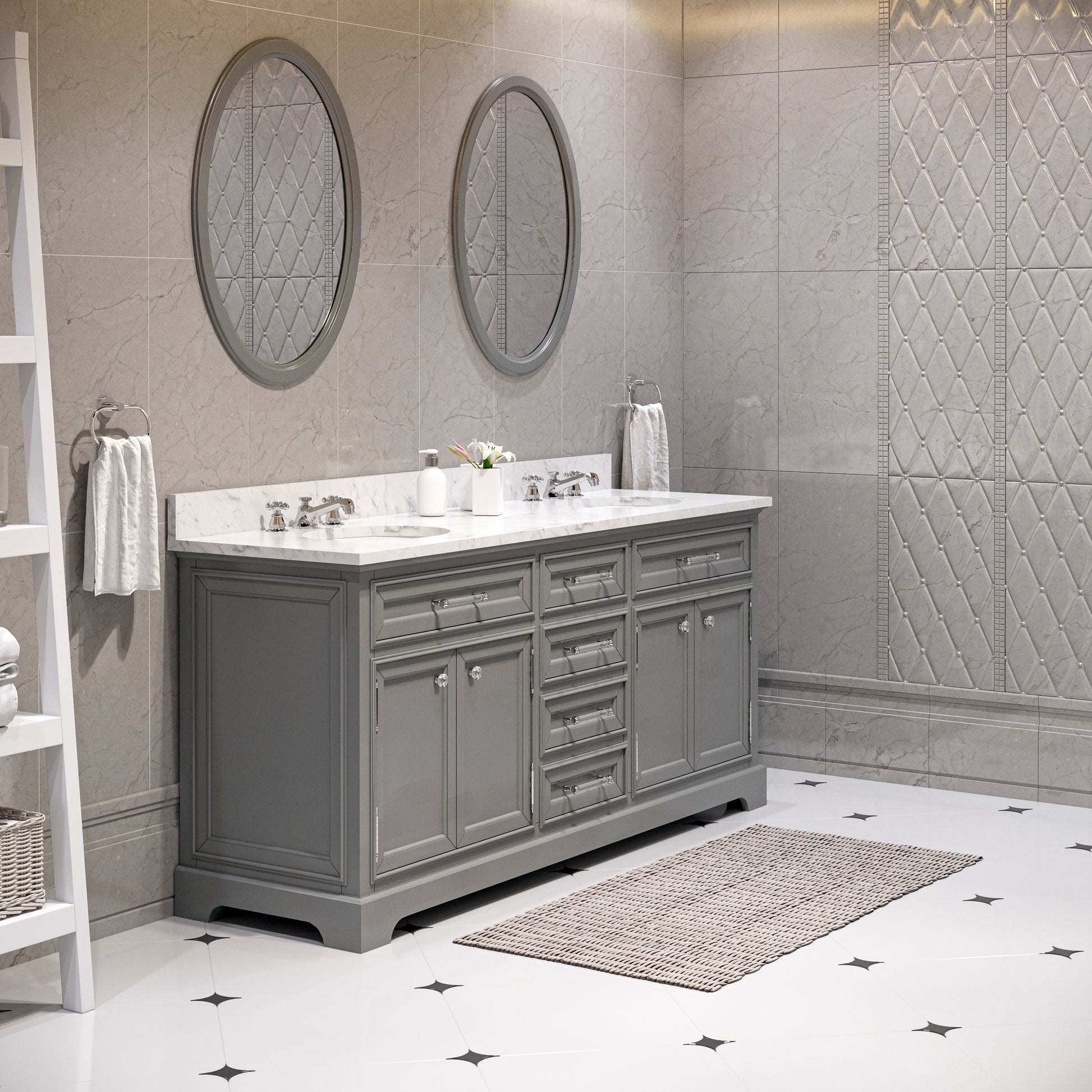 DERBY 72"W x 34"H Cashmere Gray Double-Sink Vanity with Carrara White Marble Countertop + Faucets & Mirrors