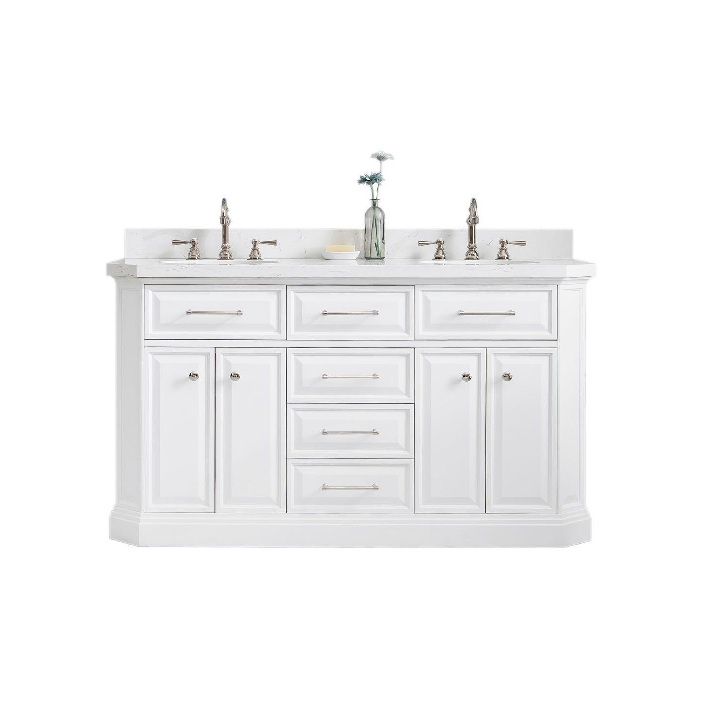 PALACE 60"W x 34"H Pure White Vanity with Carrara Quartz Countertop + Faucets (F2-0012), Polished Nickel Finish Hardware