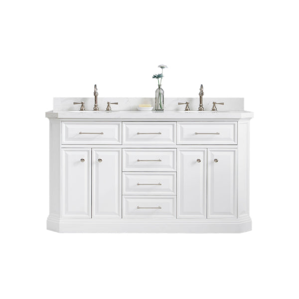 PALACE 60W x 34H Pure White Vanity with Carrara Quartz Countertop + Faucets (F2-0012), Polished Nickel Finish Hardware