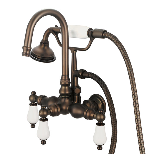 Vintage Classic 3.375" Center Wall Mount Tub Faucet With Gooseneck Spout, Straight Wall Connector & Handheld Shower in Oil Rubbed Bronze Finish, With Porcelain Lever Handles Without labels