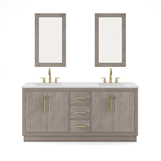 HUGO 72"W x 34.3"H Gray Oak Double-Sink Vanity with Carrara White Marble Countertop + Gooseneck Faucets and Mirrors