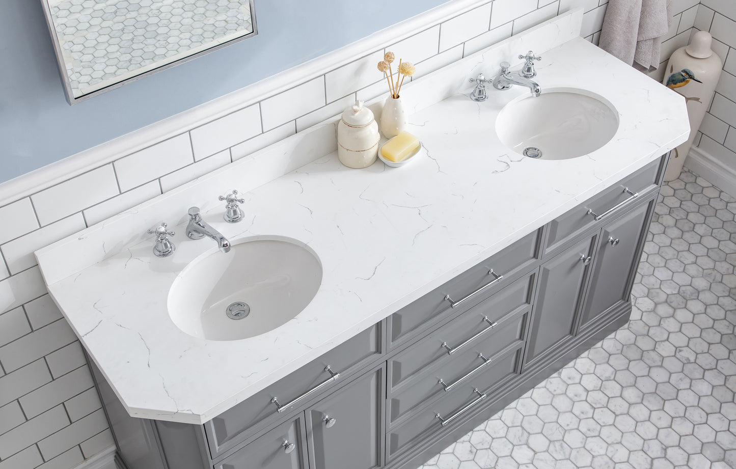 PALACE 72"W x 34"H Cashmere Gray Vanity with Carrara Quartz Countertop + Faucets & Mirror (F2-0009), Chrome Finish Hardware & Mirror