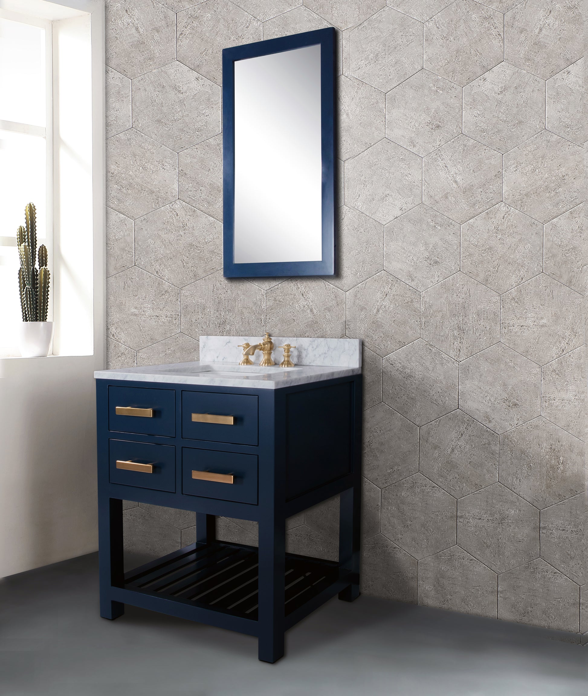 MADALYN 30"W x 34"H Monarch Blue Single-Sink Vanity with Carrara White Marble Countertop + Mirror