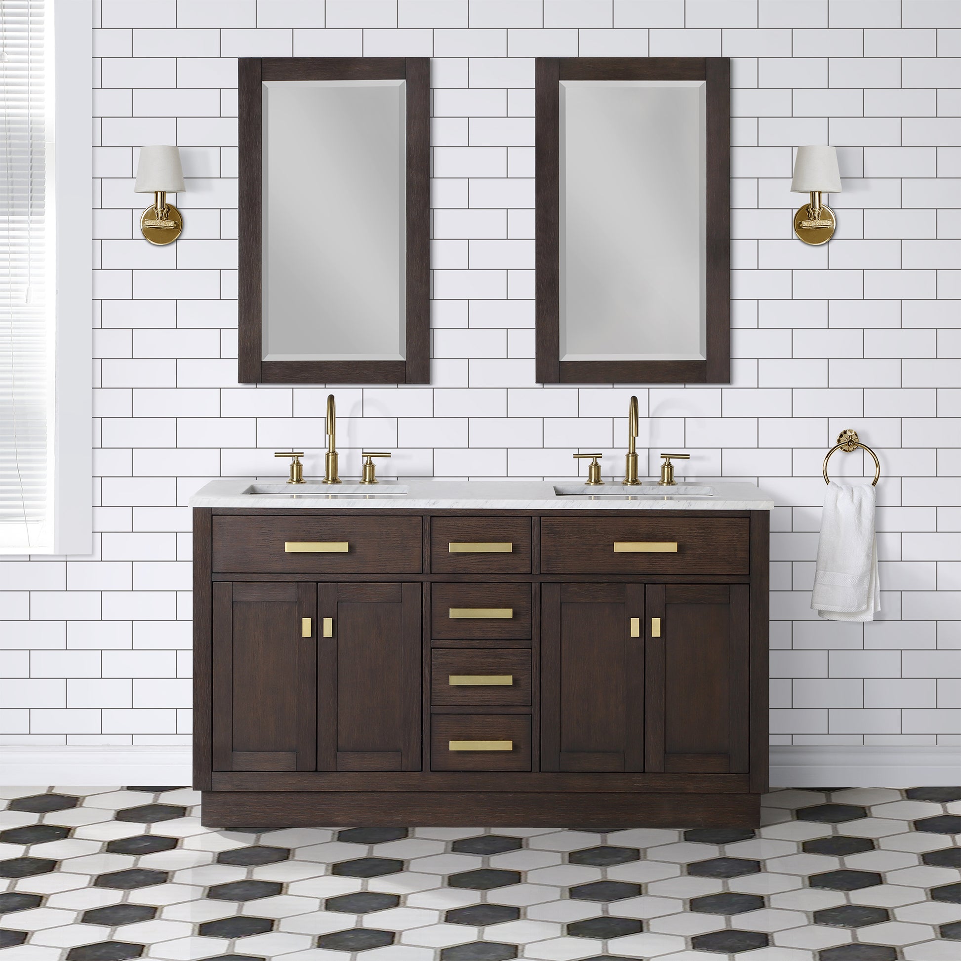 CHESTNUT 60"W x 34.2"H Brown Oak Double-Sink Vanity with Carrara White Marble Countertop + Mirrors