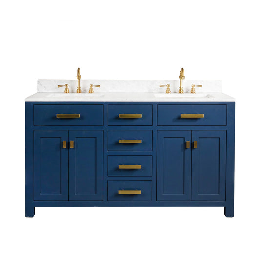 MADISON 60"W x 34"H Monarch Blue Double-Sink Vanity with Carrara White Marble Countertop