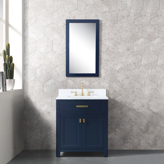 MADISON 30"W x 34"H Monarch Blue Single-Sink Vanity with Carrara White Marble Countertop + Faucets & Mirror (F2-0012-06-TL)