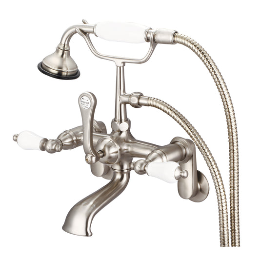 Vintage Classic Adjustable Center Wall Mount Tub Faucet With Swivel Wall Connector & Handheld Shower in Brushed Nickel Finish, With Porcelain Lever Handles Without labels