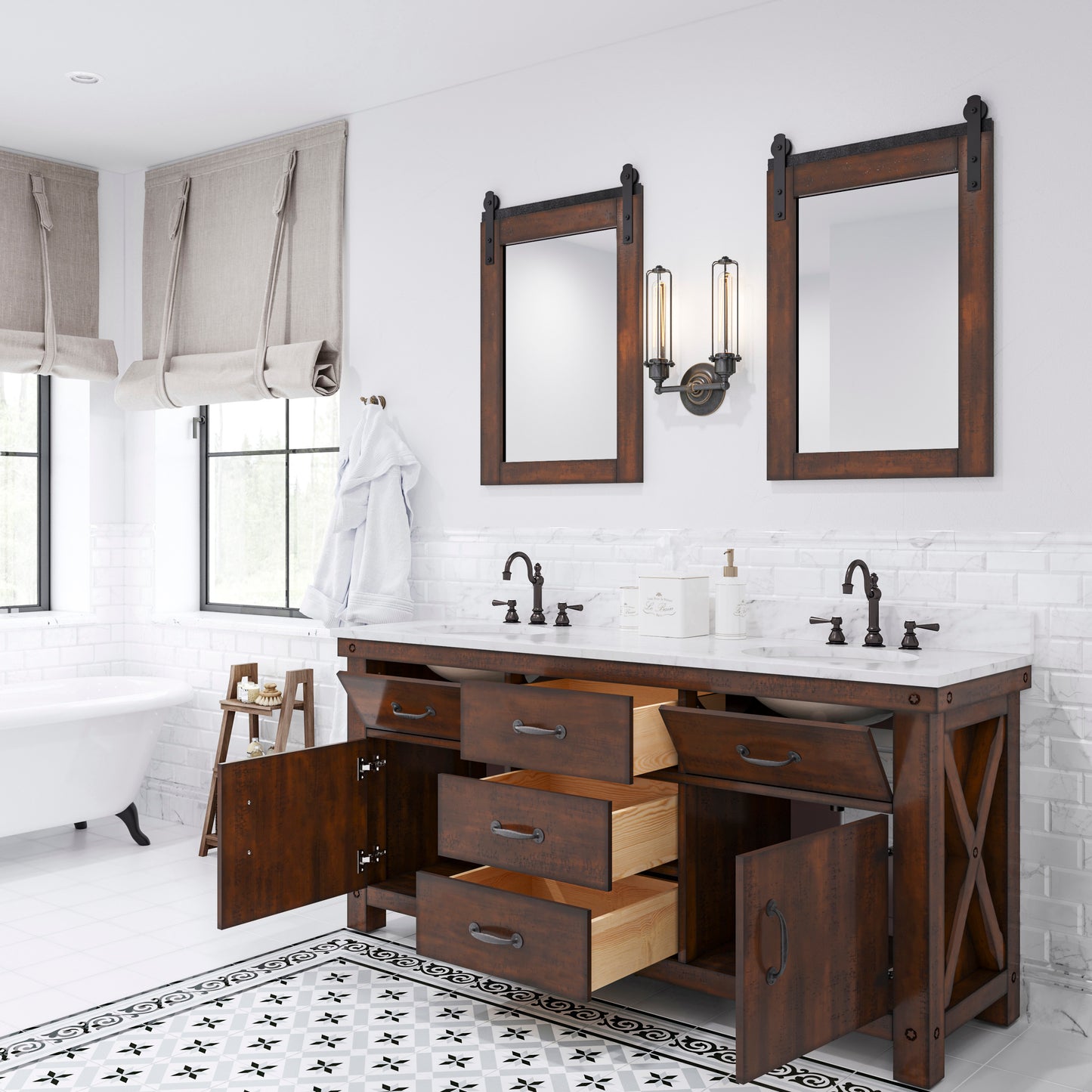 ABERDEEN 72"W x 34"H Sierra Rustic Double-Sink Vanity with Carrara White Marble Countertop + Hook Faucets and Mirrors