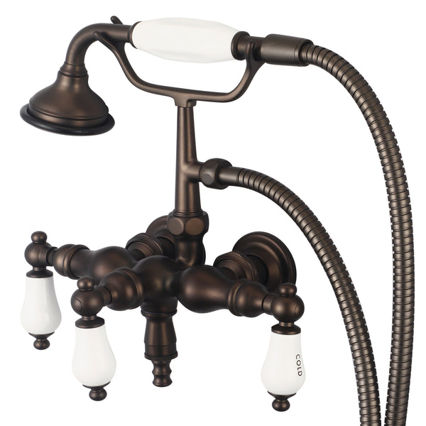 Vintage Classic 3.375 Center Wall Mount Tub Faucet With Down Spout, Straight Wall Connector & Handheld Shower in Oil Rubbed Bronze Finish, With Porcelain Lever Handles, Hot And Cold Labels Included