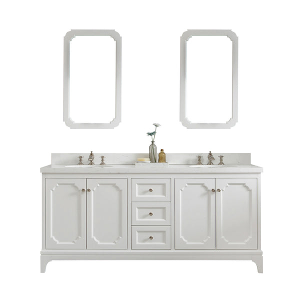 QUEEN 72W x 34H Pure White Double-Sink Vanity with Carrara Quartz Countertop + Faucets & Mirror (F2-0013)