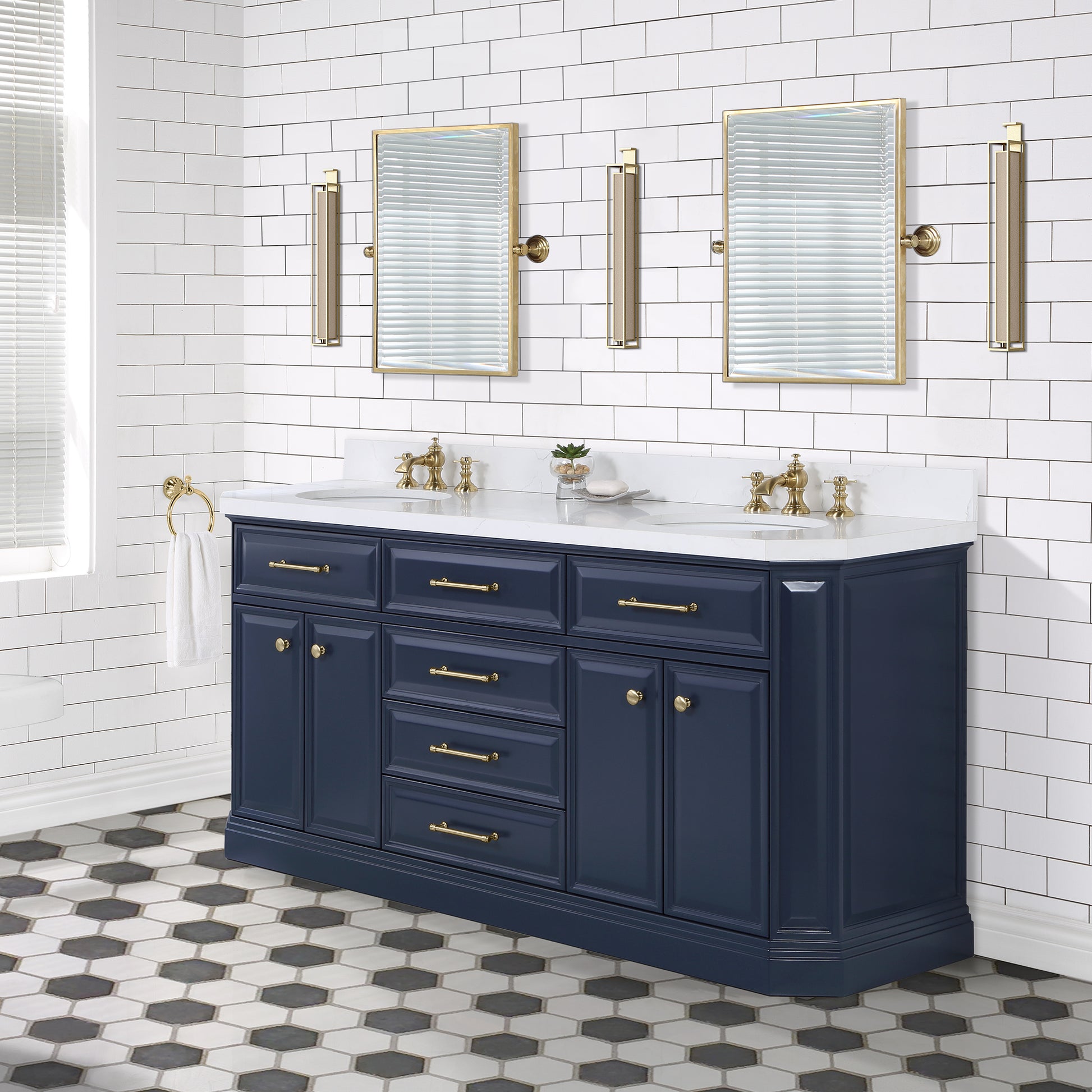 PALACE 72"W x 34.2"H Monarch Blue Double-Sink Vanity with White Quartz Countertop + Faucets (Waterfall Faucets)