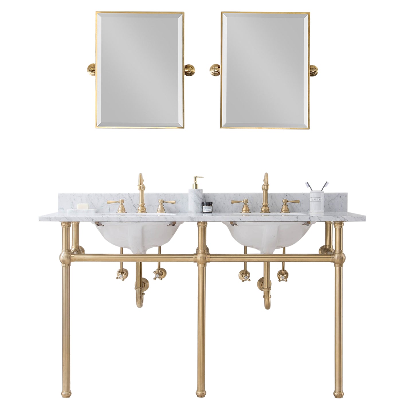 EMBASSY 60"W x 34"H  Double Washstand , P-Trap, Countertop with Sink, F2-0012 Faucet and Mirror included, in Satin Gold Finish