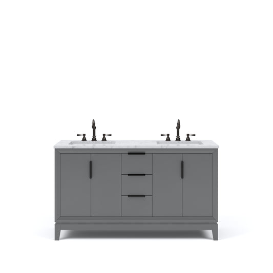 ELIZABETH 60"W x 34.25"H Cashmere Gray Double-Sink Vanity with Carrara White Marble Countertop + Faucets (F2-0012-03-TL)