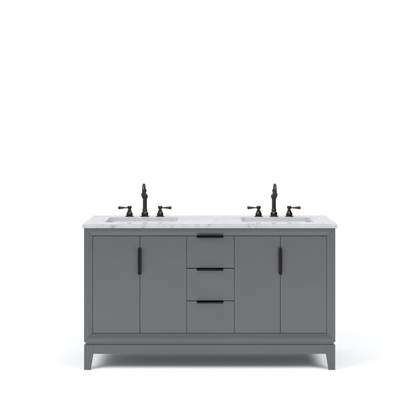 ELIZABETH 60W x 34.25H Cashmere Gray Double-Sink Vanity with Carrara White Marble Countertop + Faucets (F2-0012-03-TL)