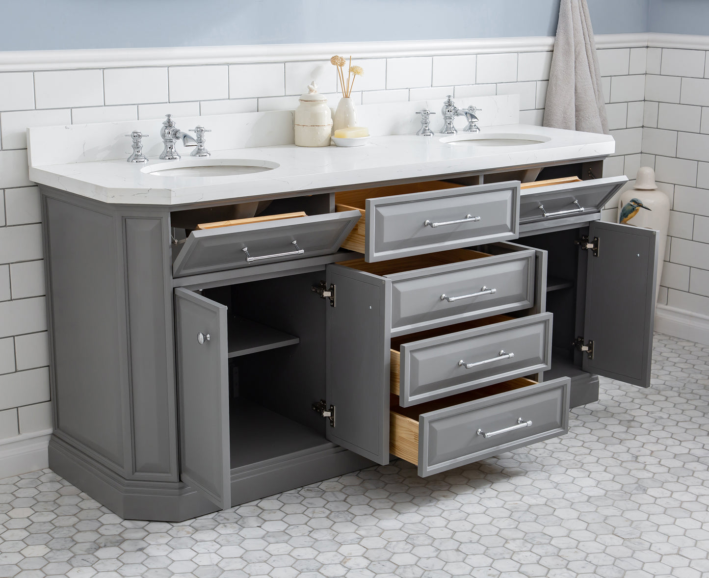 PALACE 72"W x 34"H Cashmere Gray Vanity with Carrara Quartz Countertop + Faucets (F2-0013), Chrome Finish Hardware