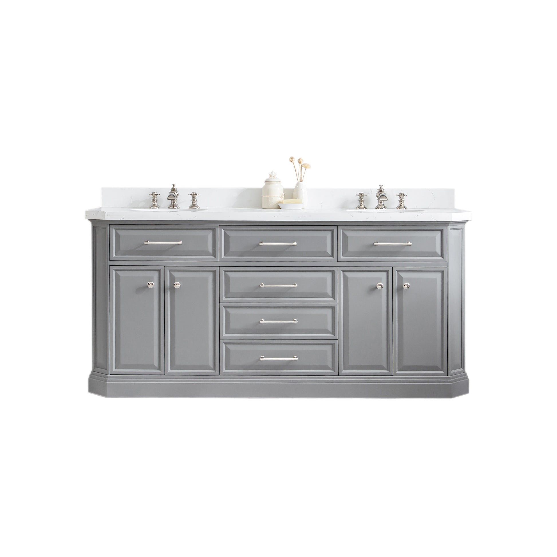 PALACE 72"W x 34"H Cashmere Gray Vanity with Carrara Quartz Countertop + Faucets (F2-0013), Polished Nickel Finish Hardware