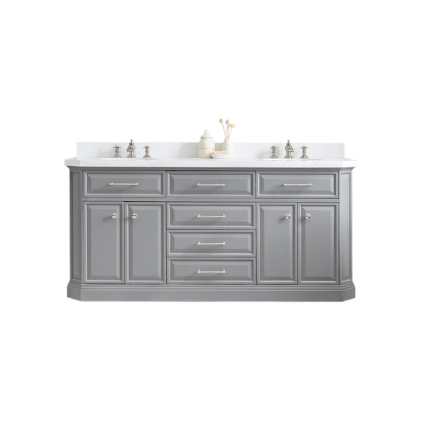 PALACE 72W x 34H Cashmere Gray Vanity with Carrara Quartz Countertop + Faucets (F2-0013), Polished Nickel Finish Hardware