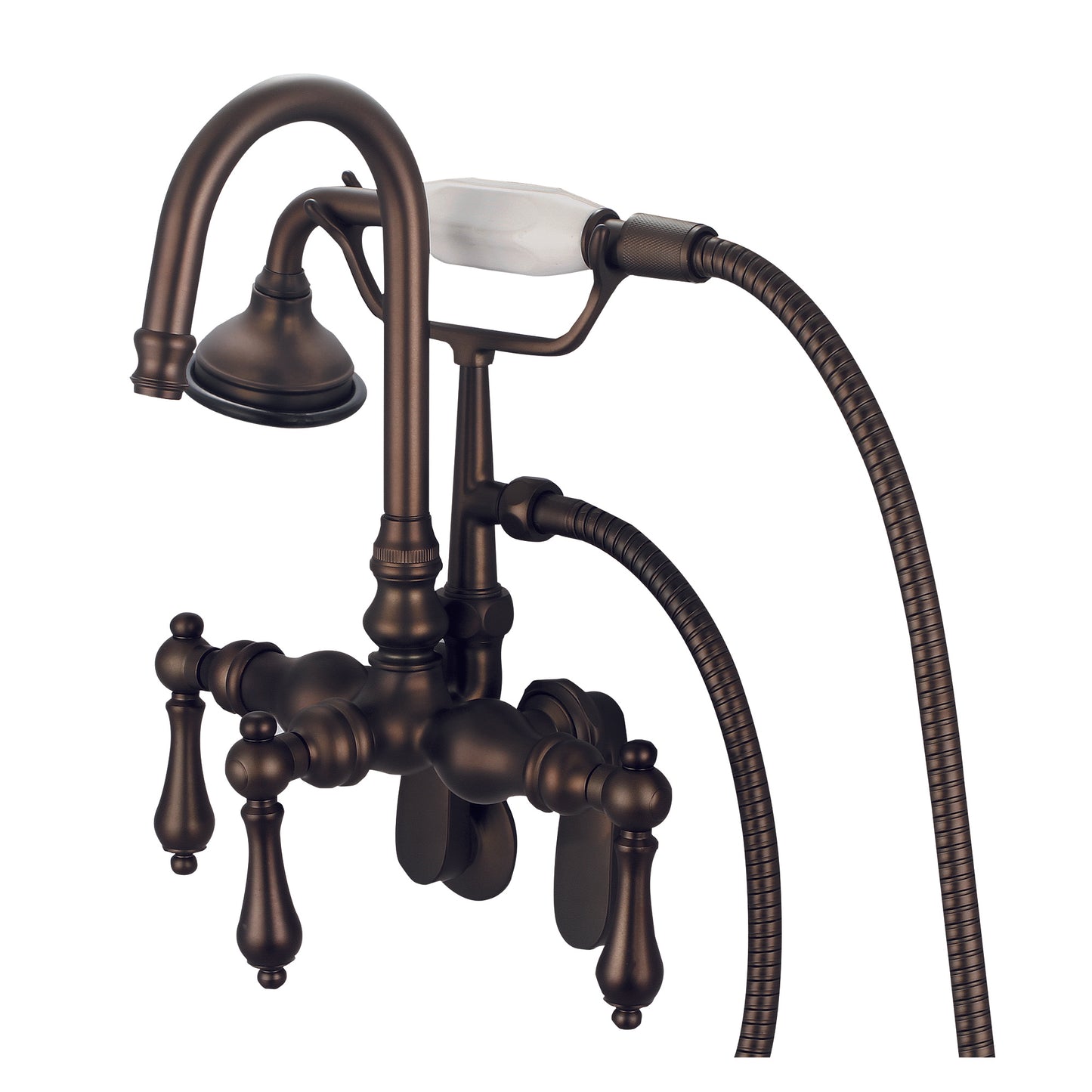 Vintage Classic Adjustable Spread Wall Mount Tub Faucet With Gooseneck Spout, Swivel Wall Connector & Handheld Shower in Oil Rubbed Bronze Finish, With Metal Lever Handles Without Labels