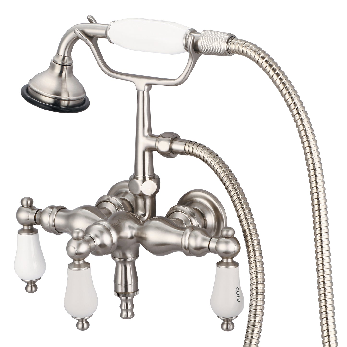 Vintage Classic 3.375" Center Wall Mount Tub Faucet With Down Spout, Straight Wall Connector & Handheld Shower in Brushed Nickel Finish, With Porcelain Lever Handles, Hot And Cold Labels Included